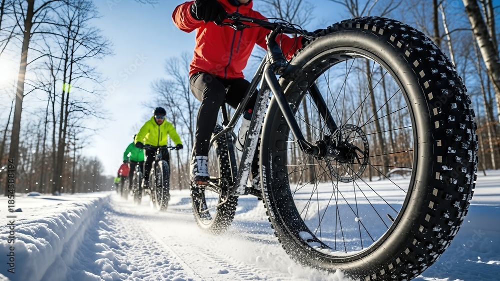 Fototapeta premium Group of cyclists in bright winter jackets riding fat bikes through snowy forest trail, showcasing outdoor adventure and winter sports excitement with copy space
