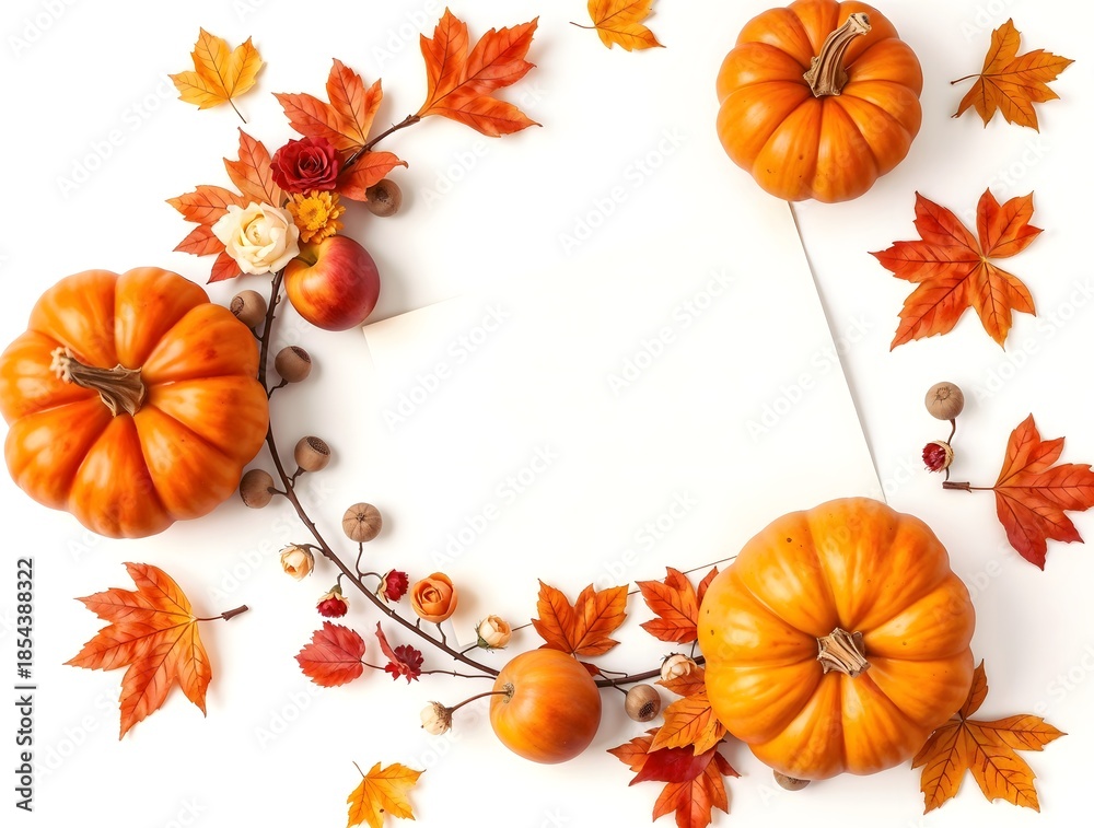 Obraz premium simple illustration of Stylized cute cozy Autumn composition with pumpkins and Empty blank card in paper envelope. maple leaves, flowers and apple. White background