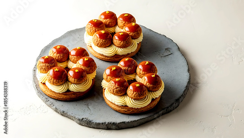 Minimalist, wabi-sabi haute cuisine style of three yuzu-infused Saint-Honoré with glossy caramel choux, yuzu Chantilly roses, on a rough handmade gray Shigaraki ceramic platter 
