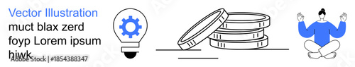 Business strategy, innovation, financial planning, mindfulness, productivity, and balance. Lightbulb with gear, stacked coins and seated meditating figure. Innovation and financial planning visuals