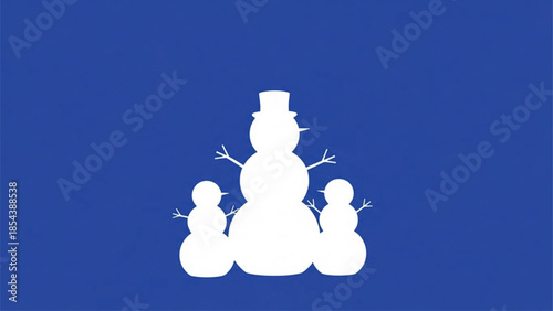 Snowman Family Silhouette on Blue Background Minimal Winter Illustration