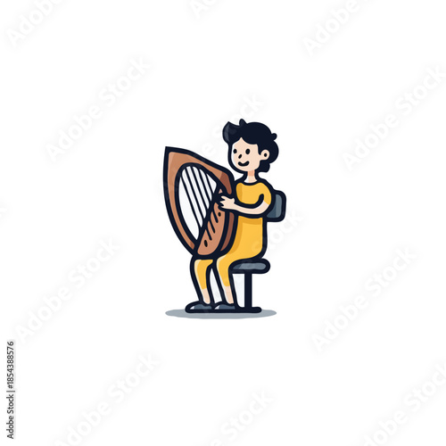 Illustration of a person playing the harp while sitting on a chair conveying musical creativity