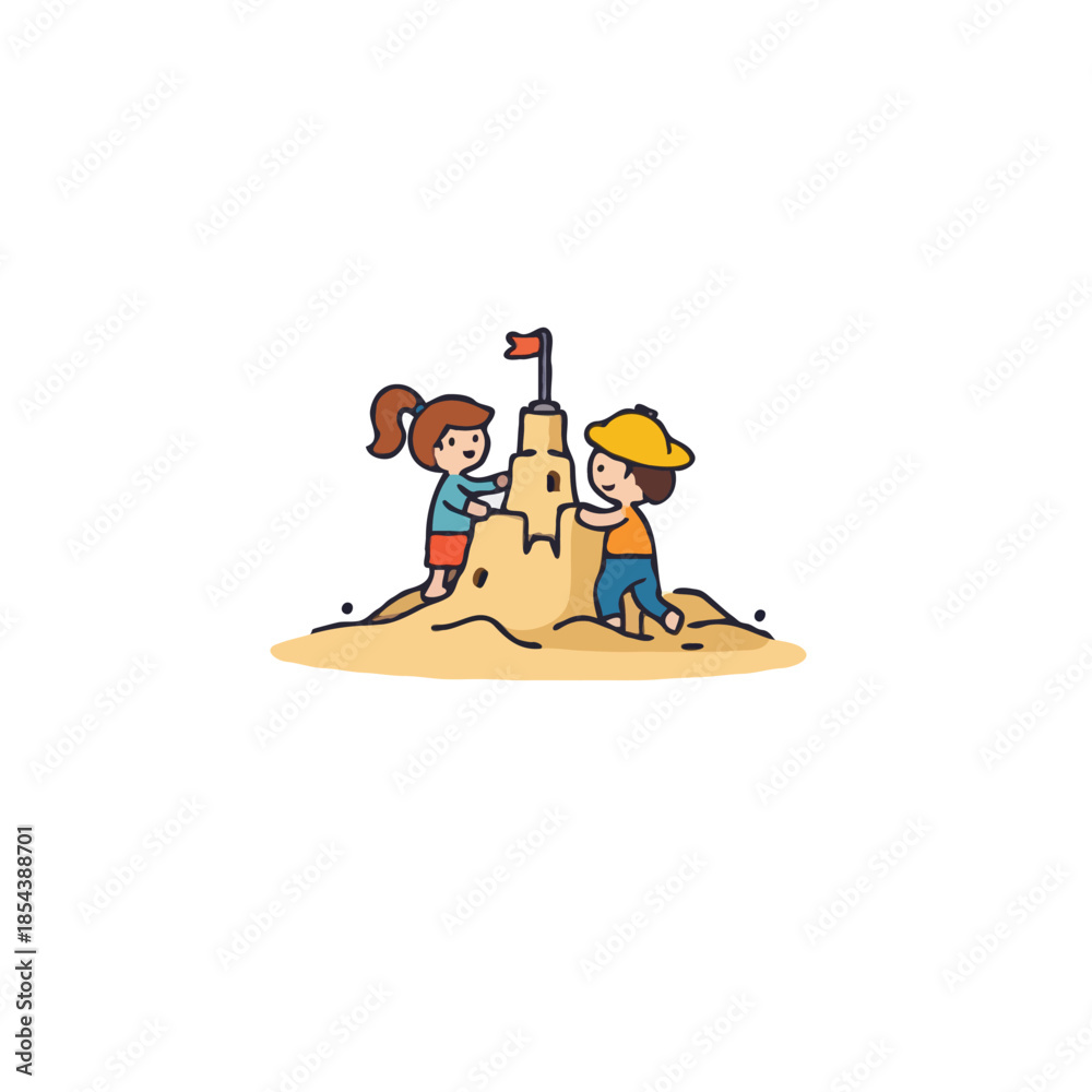 Naklejka premium Playful day by the sea, children building elaborate sandcastles with a little flag on top together