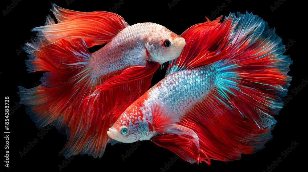 Fototapeta premium Two vibrant betta fish with flowing red fins shimmer in dark water, creating an elegant underwater scene of motion, color, and tropical aquarium beauty.