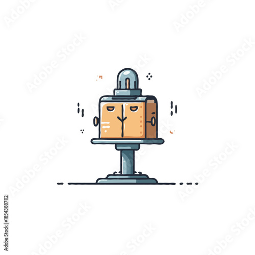 Quirky illustration of a minimalist robot figure sitting on a pedestal showcasing technological