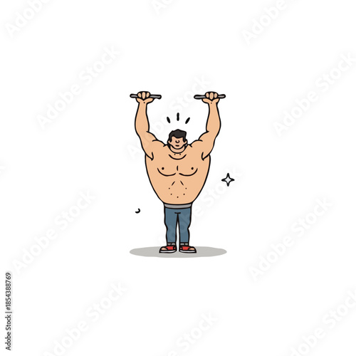 Strong man confidently lifting weights overhead in a cartoon style against a clean backdrop of