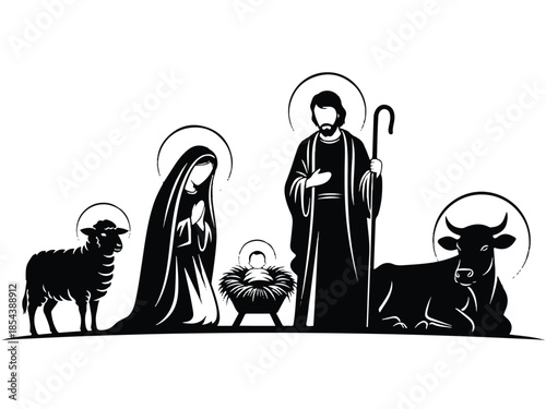 Simple nativity scene illustration featuring holy family, animals, and baby jesus in manger02_traced