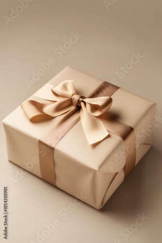 Beige wrapped gift box tied with a golden satin ribbon and bow, symbolizing celebration, luxury, and special occasions. Valentine's day holiday concept