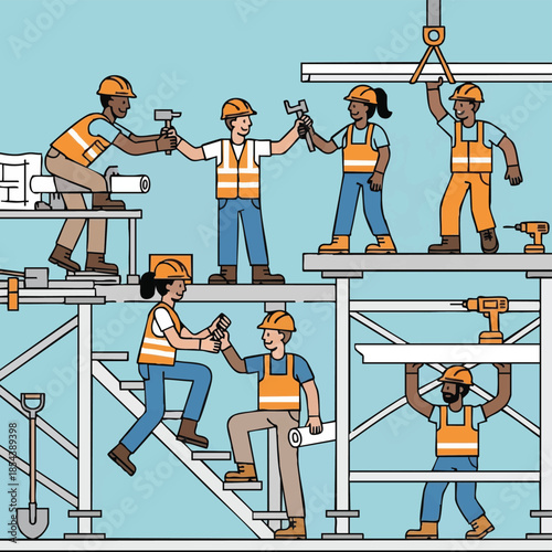 Diverse Construction Workers Building Structure Teamwork.