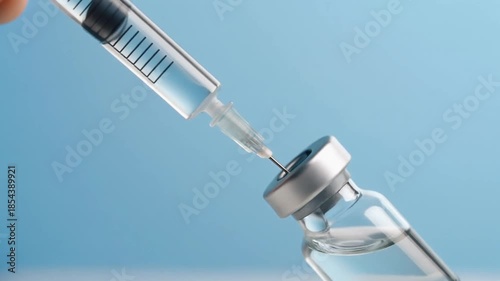 A syringe needle drawing clear liquid from a glass medical vial, set against a light blue background.