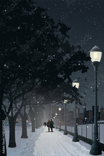 Cityscape with snowfall in winter at night vertical template have people in the public park