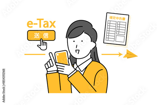 スマホを使ってイータックスを利用する女性のイメージイラスト