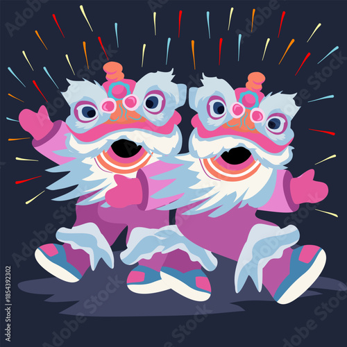 Happy Twin Chinese Lions Dancing and Celebrating Lunar New Year, Flat Design.
