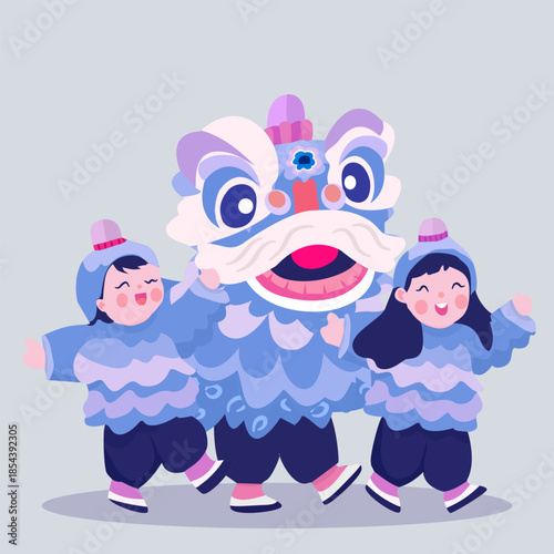 Happy Kids in Lion Dance Costume Celebrating Chinese New Year Festival, Flat Design.