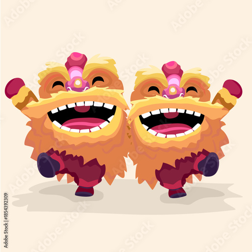 Happy Twin Chinese Lions Dancing and Celebrating Lunar New Year, Flat Design.