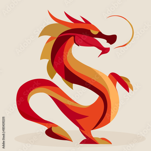 Stylized Red Chinese Dragon Illustration for Lunar New Year Celebration, Flat design.