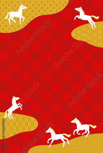 赤い市松模様の背景に和柄の金雲と白馬の縦フレーム