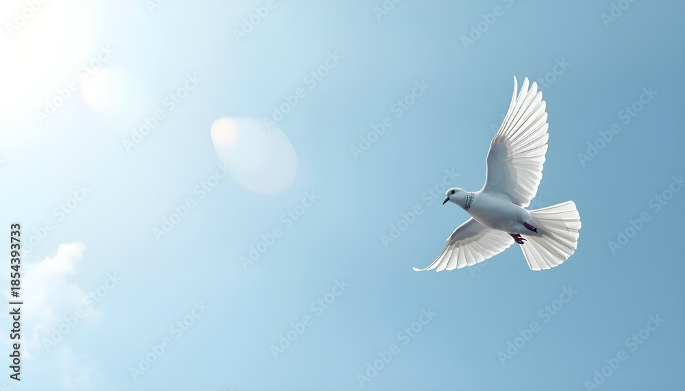 Fototapeta premium Photo of a white dove flying freely in a clear blue sky, symbolizing peace, freedom, hope, purity, spirituality, and harmony with soft natural light and copy space.