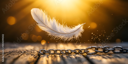 White Feather and Metal Chain on Wooden Surface in Warm Light