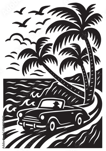 Tropical Road Trip with Vintage Car and Palm Trees – Black and White Illustration