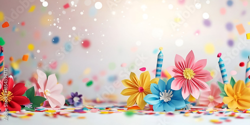 Colorful Paper Cut Flowers with Confetti on Light Background