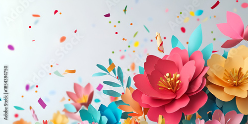 Colorful Paper Cut Flowers with Confetti on Light Background