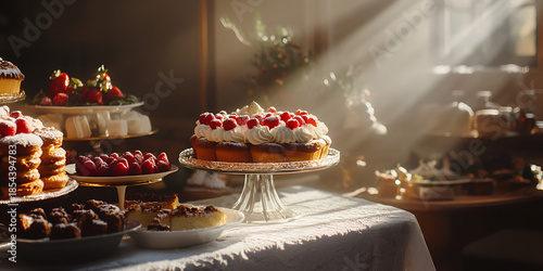 Elegant Dessert Table with Cakes and Pastries in Warm Festive Light