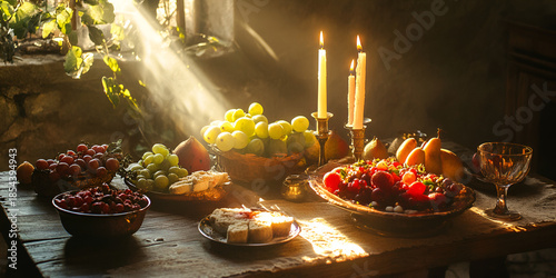 Festive Candlelit Dessert Table with Cakes and Warm Holiday Atmosphere