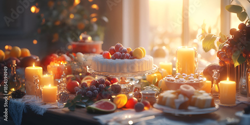 Festive Candlelit Dessert Table with Cakes and Warm Holiday Atmosphere