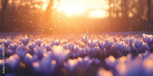 Purple Spring Flowers in Golden Sunlight with Soft Bokeh