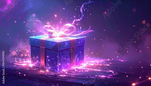 Magical Glowing Gift Box with Pink Bow and Sparkling Purple and Blue Lights