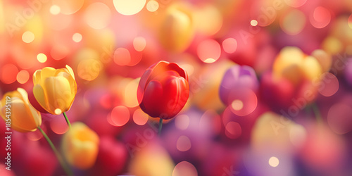 Colorful Spring Tulip Field with Soft Light and Dreamy Bokeh