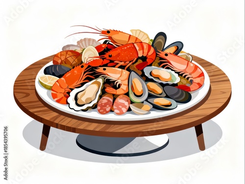 Luxurious seafood dishes of lobsters, shrimps, oysters and mussels on the table