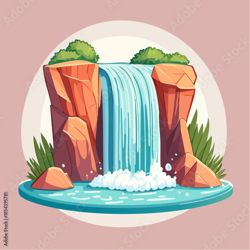 Cartoon illustration of a waterfall cascading between rocks into a pool of water.