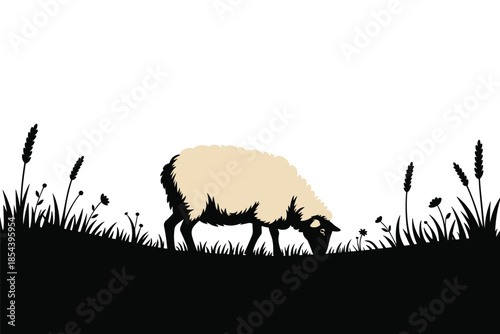 Minimalist Sheep Grazing in Meadow Silhouette, rural life concept
