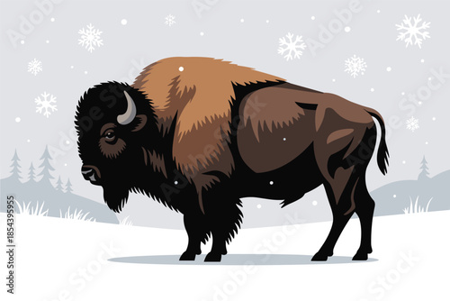 Majestic Bison in Winter Snow, survival concept