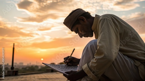 Indian street calligrapher sits outdoors at sunset writing intricate script on paper, traditional attire, peaceful and focused atmosphere