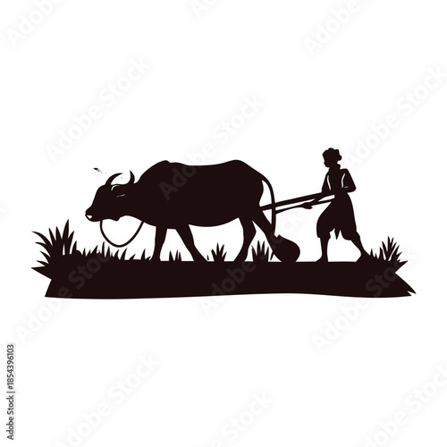 Black and white illustration of a farmer plowing a rice field with a buffalo in vector style