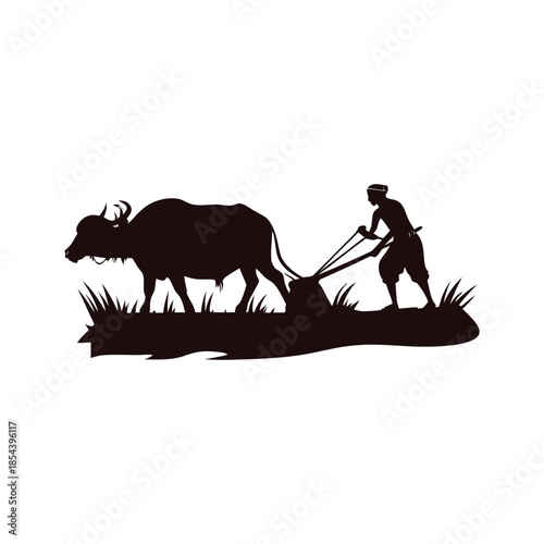 Black and white illustration of a farmer plowing a rice field with a buffalo in vector style