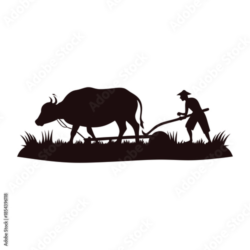 Black and white illustration of a farmer plowing a rice field with a buffalo in vector style