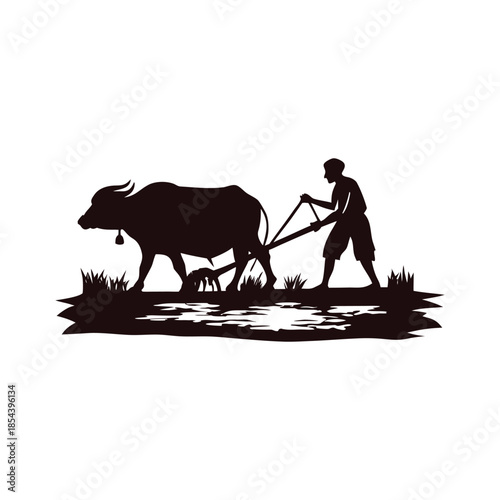 Black and white illustration of a farmer plowing a rice field with a buffalo in vector style