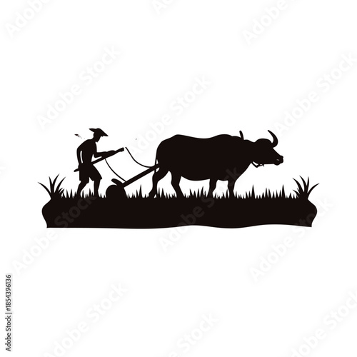 Black and white illustration of a farmer plowing a rice field with a buffalo in vector style