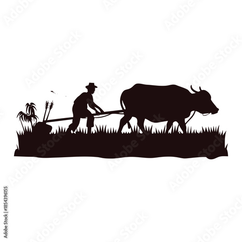 Black and white illustration of a farmer plowing a rice field with a buffalo in vector style