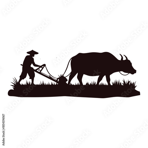 Black and white illustration of a farmer plowing a rice field with a buffalo in vector style