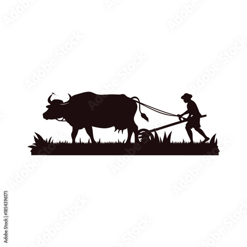 Black and white illustration of a farmer plowing a rice field with a buffalo in vector style