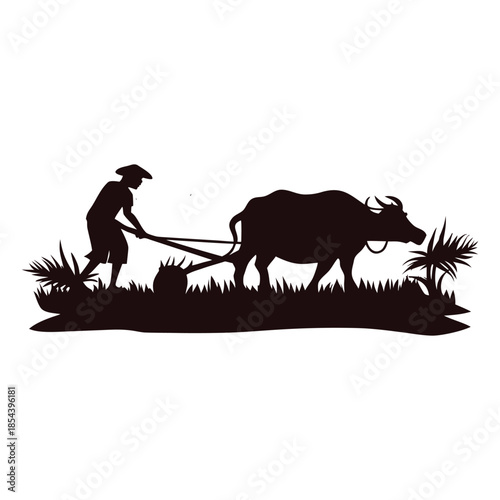 Black and white illustration of a farmer plowing a rice field with a buffalo in vector style