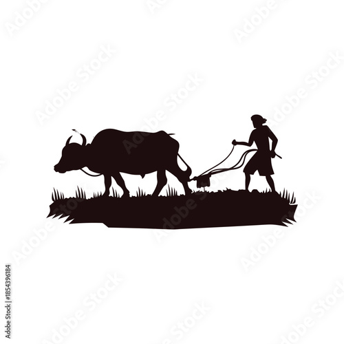 Black and white illustration of a farmer plowing a rice field with a buffalo in vector style