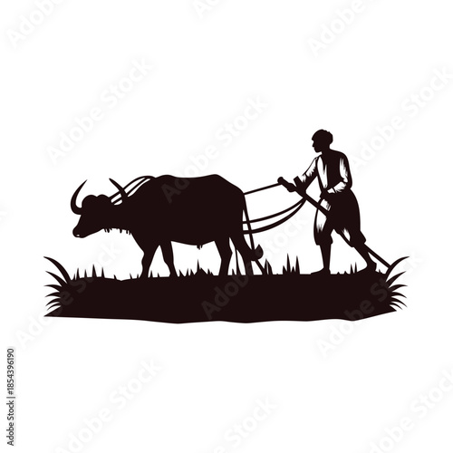 Black and white illustration of a farmer plowing a rice field with a buffalo in vector style