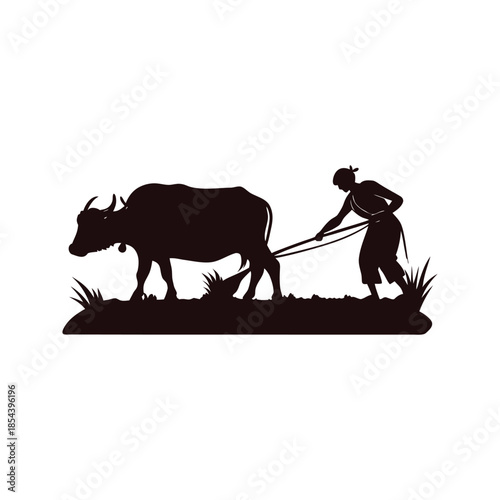 Black and white illustration of a farmer plowing a rice field with a buffalo in vector style