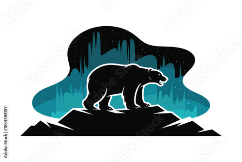 Wild Bear Silhouette Against Aurora Borealis Sky, arctic nature concept